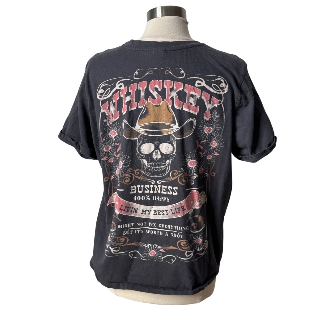 Vibe'n Whiskey Business‎ Skull T-Shirt Charcoal Grey Womens 1X Festival Country
